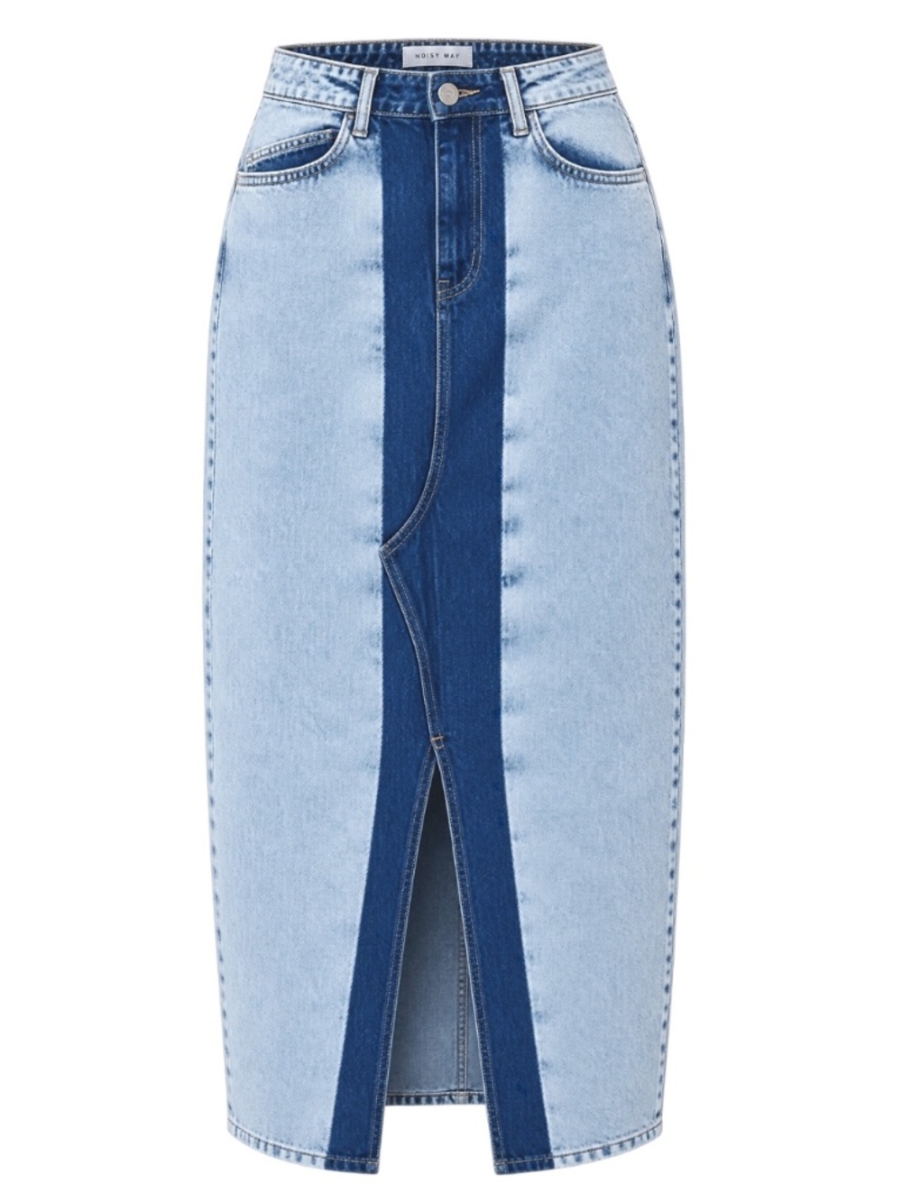 Noisy May Rinna Colorblock Denim Midi Skirt XS Front Slit NWT